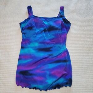 Robby Len Blue Purple Abstract Swim Dress One Piece Swimsuit Womens